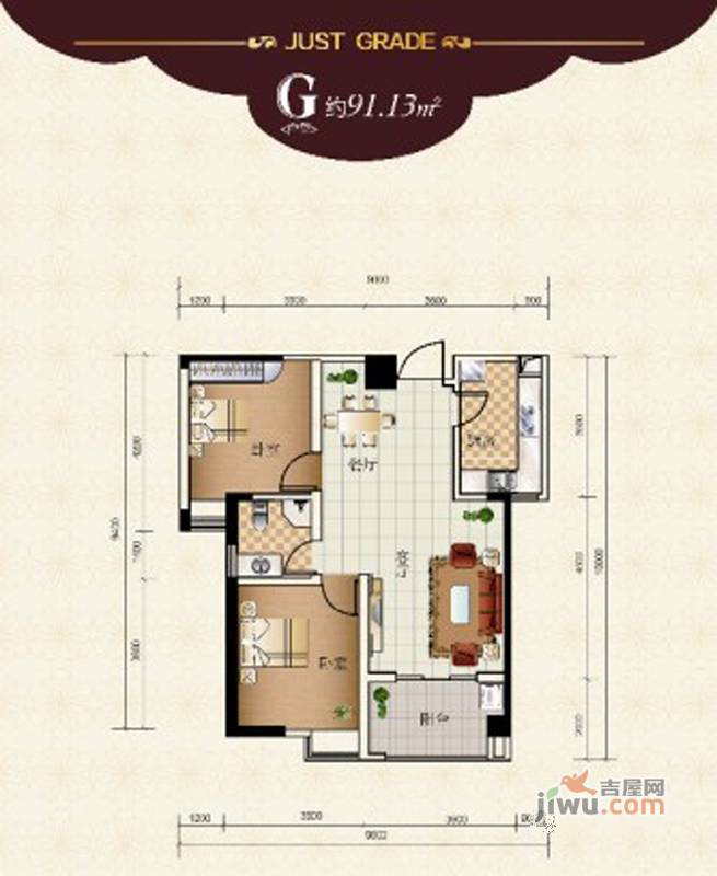 百丽富通广场2室2厅1卫91.1㎡户型图
